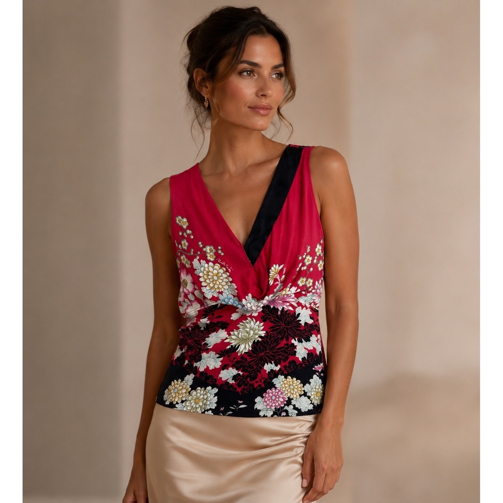 Roberto Cavalli Red Floral Draped V-Neck Silk Blouse Chinoiserie Italy 42 US 6